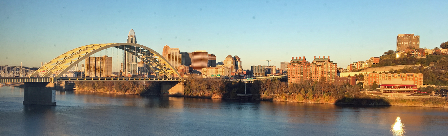 The Ohio River winds through Cincinnati, with beautiful views from both sides.