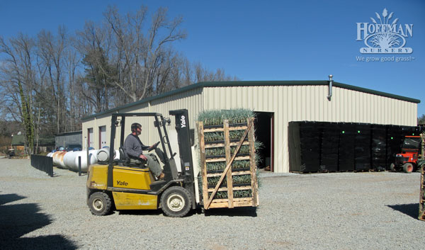Forklift assembling racks in staging area.